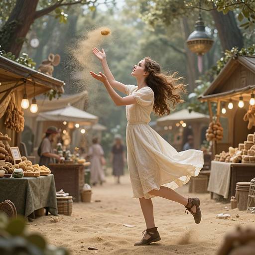 Photograph of a young woman in a flowing white dress, mid-jump, catching a falling cookie in a sunlit, enchanted forest market.