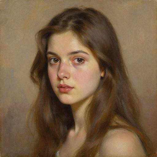 Digital painting of a young woman with long brown hair, fair skin, and brown eyes, wearing a sleeveless top, against a textured brown background.