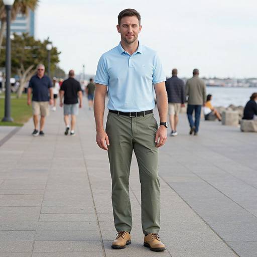 Photograph of a smiling, Caucasian man with short brown hair, light blue polo shirt, olive pants, and tan shoes, standing on a city waterfront