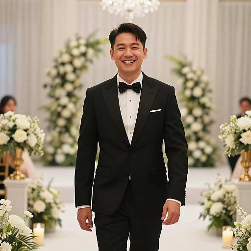 Photograph of a smiling Asian man in a black tuxedo with a bow tie, standing in a brightly lit floral arrangement-filled room.
