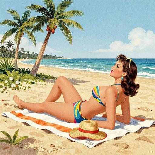 Photograph of a tan-skinned woman in a colorful bikini, lying on a beach towel under palm trees, with a straw hat beside her. Bright