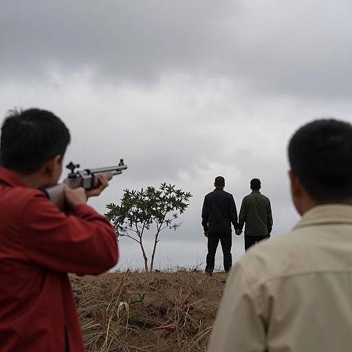 Man aiming rifle at couple holding hands outdoors