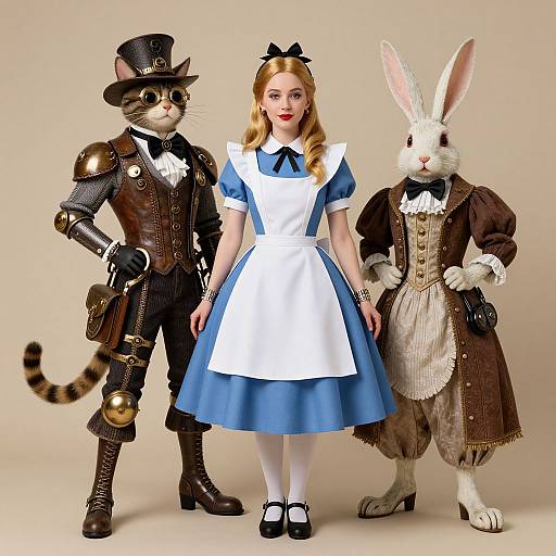 Photorealistic CGI of anthropomorphic cat in steampunk attire, human girl in Alice dress, and white rabbit in Victorian suit, standing together.