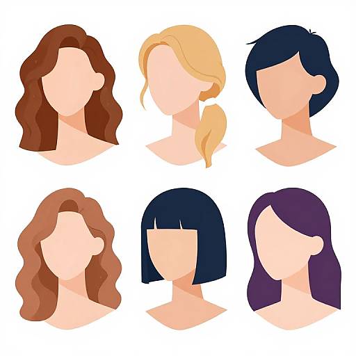Digital illustration of six faceless headshots with varied hairstyles: wavy brown, blonde ponytail, blue bob, curly brown, dark blue, and