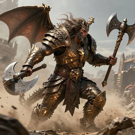 Digital artwork of a fierce, armored demon warrior with bat wings, holding two ornate axes, charging in a dusty, battle-scarred landscape.