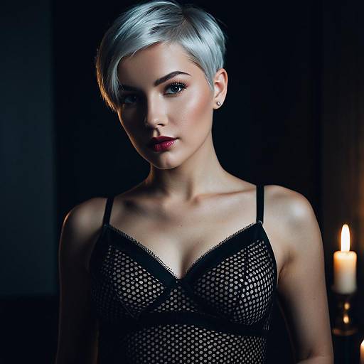 Woman in Sheer Polka Dot Lingerie with Short Platinum Hair