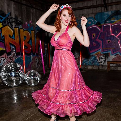 Photograph of a red-haired woman in a pink, sheer, ruffled dress, dancing in a graffiti-covered warehouse with disco balls.
