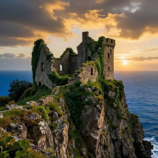 Photograph of a ruined, ivy-covered stone castle perched on a rocky cliff at sunset, with a dramatic, colorful sky and ocean in the