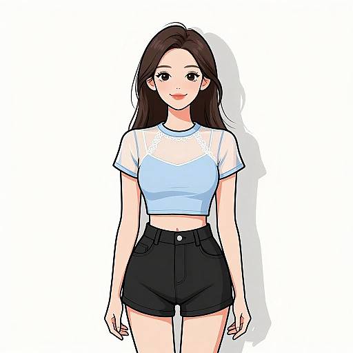 Digital anime-style drawing of a smiling young woman with long brown hair, light blue lace crop top, and black high-waisted shorts.