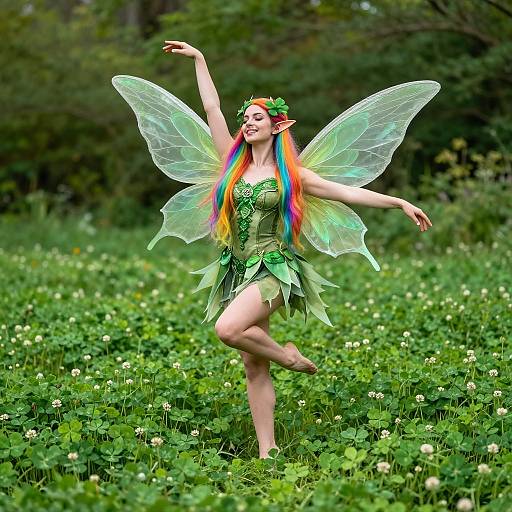 Photograph of a fair-skinned, red-haired fairy with rainbow hair, green leafy dress, translucent wings, and pointed ears, dancing in a