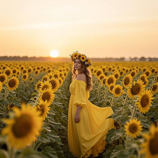 Photograph of a woman with wavy brown hair, wearing a yellow off-shoulder dress and sunflower crown, standing in a vast sunflower
