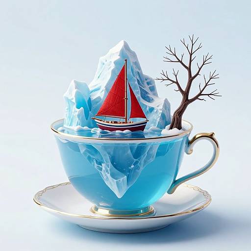 Photorealistic digital art: a red sailboat with white trim sits in an icy blue teacup, surrounded by jagged ice, with a