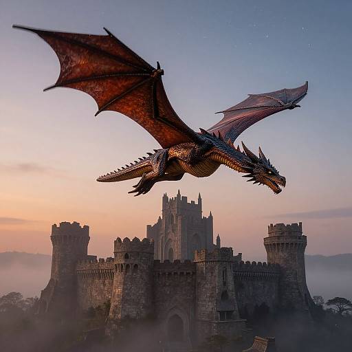 Photorealistic digital artwork of a majestic, red-scaled dragon soaring above a medieval castle with tall towers at dawn.