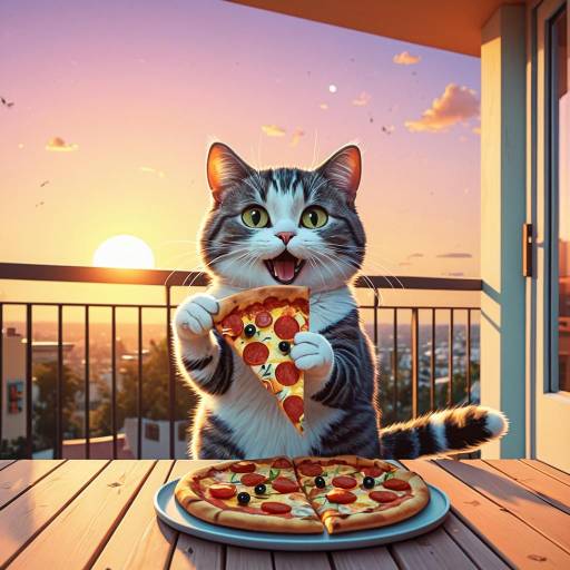 Playful Cartoon Cat Enjoys Sunset Pizza