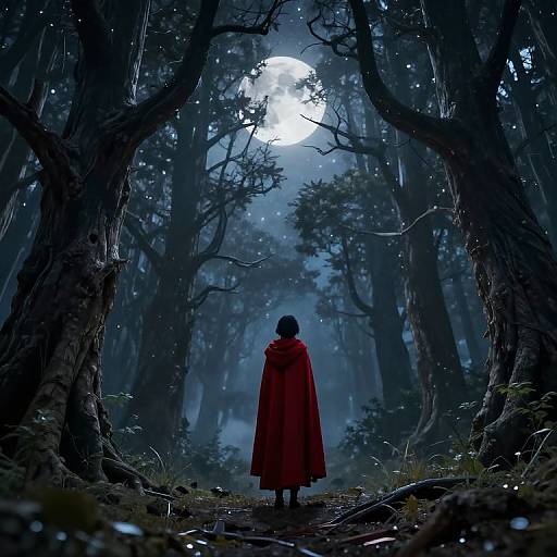 Digital art: Silhouetted figure in red cloak stands before a full moon in a dark, misty, dense forest with twisted trees.