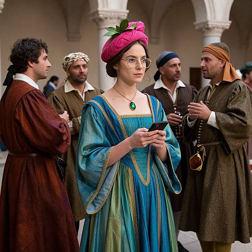 Photorealistic CGI of a modern woman in a Renaissance-style blue dress and pink hat, surrounded by medieval men in brown robes. She holds a smartphone