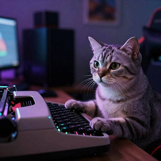 Neon Gamer Cat Typing on Typewriter