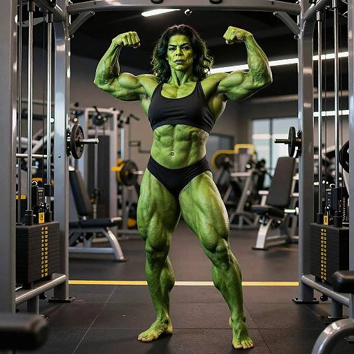 Photograph of a muscular, green-skinned woman with long black hair, wearing a black sports bra and underwear, flexing her biceps in a