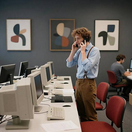Man Talking on Phone in Retro Office
