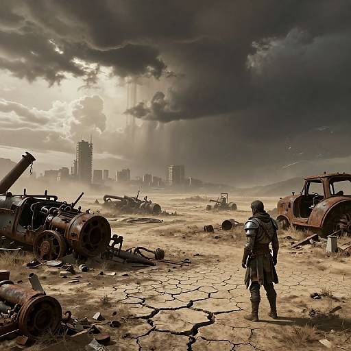 Post-apocalyptic wasteland photograph: lone soldier in tactical gear stands among rusted vehicles and cracked earth, with a sunlit, cloud-filled sky and