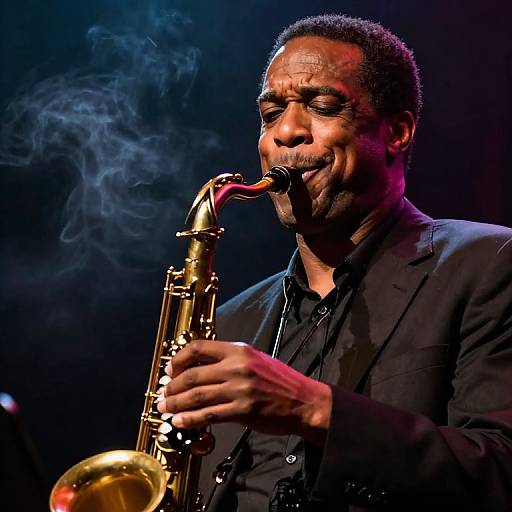 Photograph of a middle-aged Black man with short curly hair, playing a golden saxophone on stage, eyes closed, with smoke curling around him