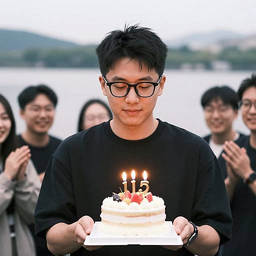 Photograph of an Asian man with black hair and glasses, wearing a black shirt, holding a white-frosted birthday cake with candles, surrounded by