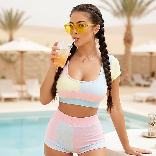 Photograph of a young woman with long braided hair, wearing yellow sunglasses, a pastel striped crop top, and high-waisted shorts,
