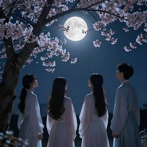 Photograph of four East Asian individuals in white robes, standing under cherry blossoms illuminated by a full moon at night.