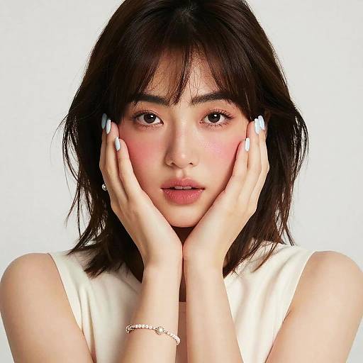 Photograph of an Asian woman with fair skin, black shoulder-length hair, and white sleeveless top, gently touching her flushed cheeks with white-manic