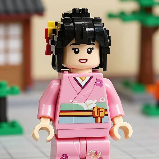 Photograph-style LEGO minifigure of an Asian woman in a pink kimono with floral patterns, black hair, yellow hairpin, and neutral expression