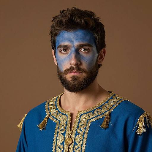 Photograph of a bearded man with blue face paint, wearing a detailed blue and gold embroidered tunic, against a brown background.