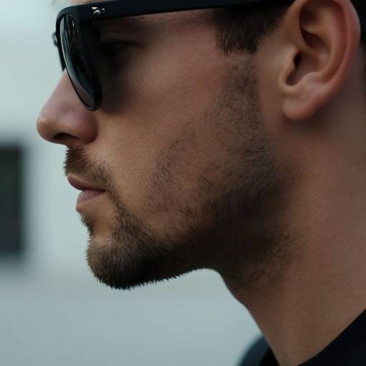 Close-up photograph of a fair-skinned man with short dark hair, trimmed beard, and black sunglasses, in profile view, against a blurred white background
