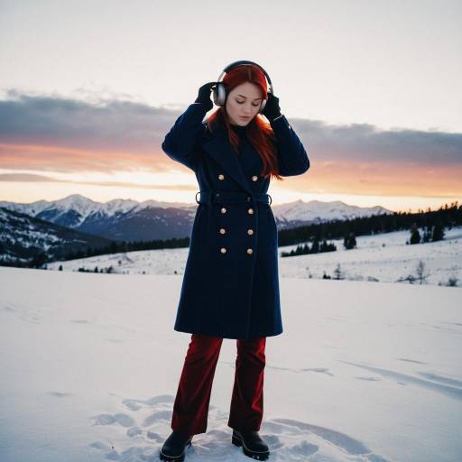 Young woman in navy coat with earmuffs in snowy sunset landscape