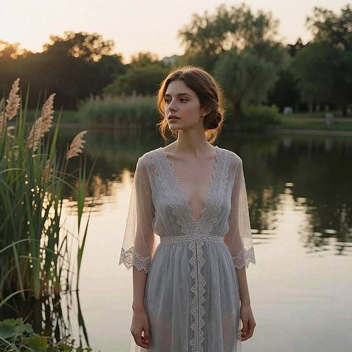 Photograph of a young woman with light skin and brown hair, wearing a sheer, lace-trimmed white dress, standing by a calm lake at
