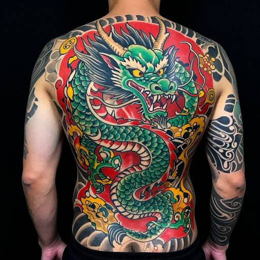 Photograph of a man's back, covered in vibrant, colorful traditional Japanese-style dragon tattoo with intricate details and bold colors.