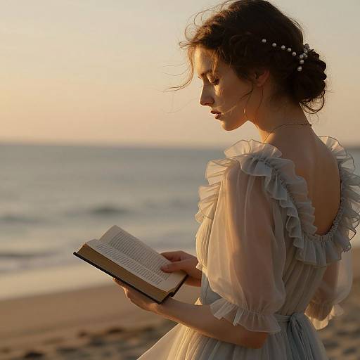 Photograph of a fair-skinned woman with dark hair in a braided bun, wearing a sheer, ruffled white dress, reading a book on