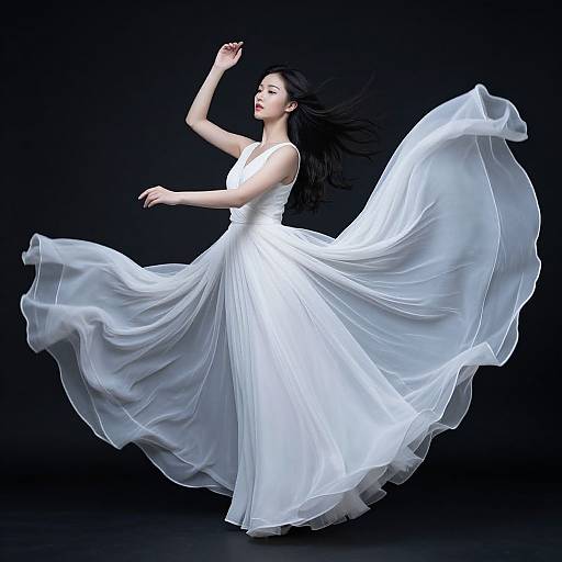 Photograph of a fair-skinned woman with long black hair, wearing a flowing white chiffon dress, elegantly dancing against a black background.
