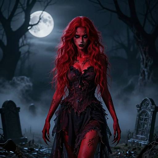 Digital painting of a red-haired, tattooed witch with glowing eyes, wearing a tattered black dress, standing in a moonlit graveyard.
