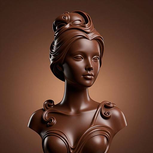 Digital 3D sculpture of a serene, dark bronze bust of an Asian woman with elegant, curled hair and ornate shoulder details. Warm, gradient