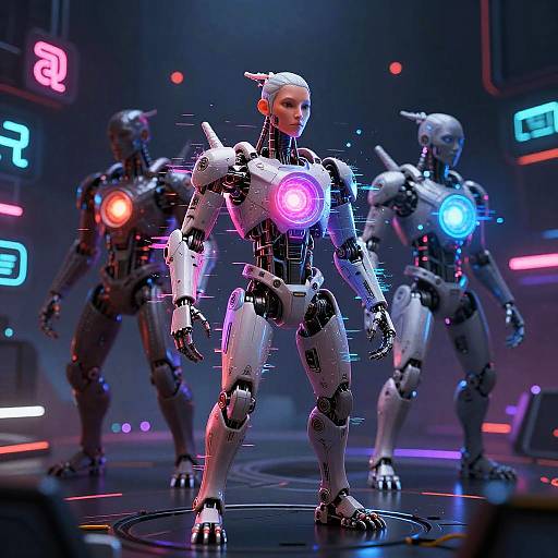 Digital CGI image of three futuristic, glowing robotic humanoid figures with neon blue, pink, and purple lights, standing in a high-tech, dark, neon