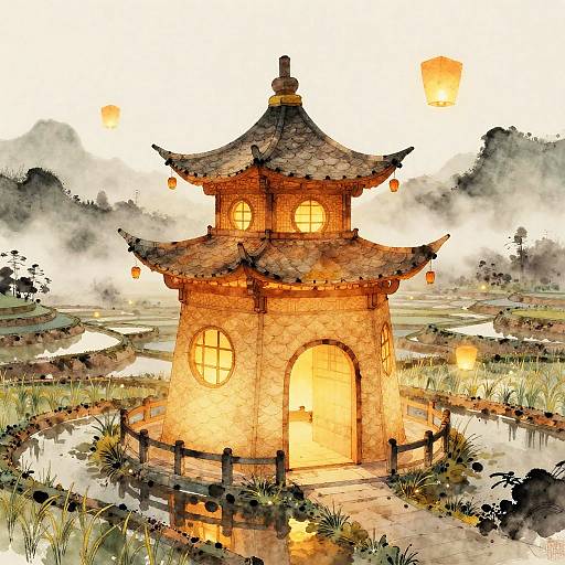 Watercolor painting of a glowing, traditional Chinese pagoda with curved roofs, lanterns, and warm lights, surrounded by misty rice fields and a