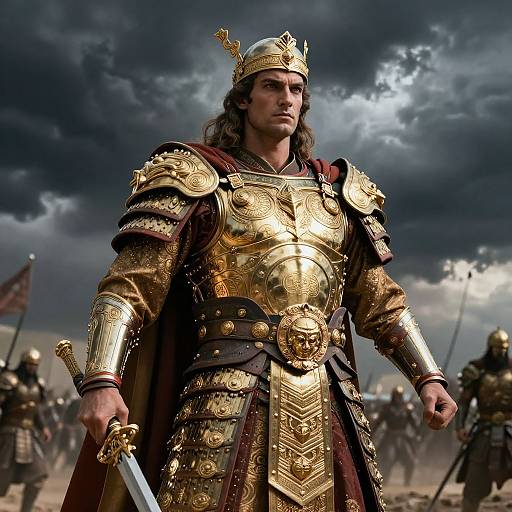 Photorealistic CGI of a serious, long-haired male warrior in elaborate gold armor and crown, holding a sword, against a stormy sky with other