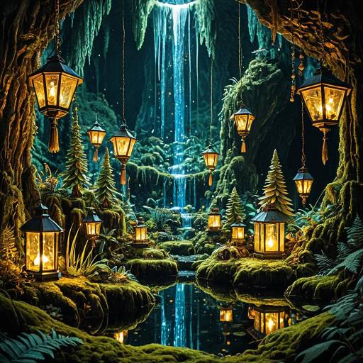 Fantasy Crystal Cave with Glowing Lanterns Fantasy Crystal Cave with Glowing Lanterns