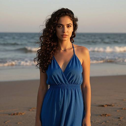 Photograph of a curly-haired woman with tan skin in a blue halter dress standing on a sandy beach at sunset, waves in the background.