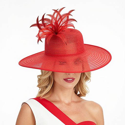 Photograph of a blonde woman in a red, wide-brimmed, mesh hat with a feathered decoration, wearing a white dress with red stripes