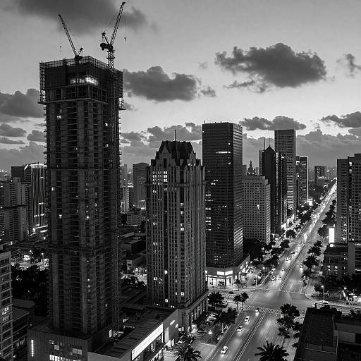 Aerial Cityscape at Sunset in Black and White