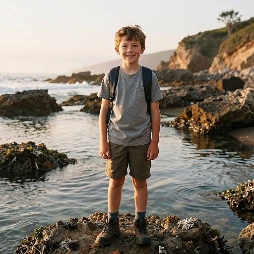 Young boy with curly brown hair, gray t-shirt, and brown shorts, standing on rocky shore, smiling, wearing backpack and boots, sunset background.