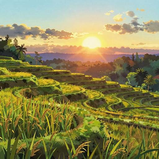 Vibrant digital painting of terraced rice fields at sunset, with golden sunlight, green hills, and clouds in the sky.