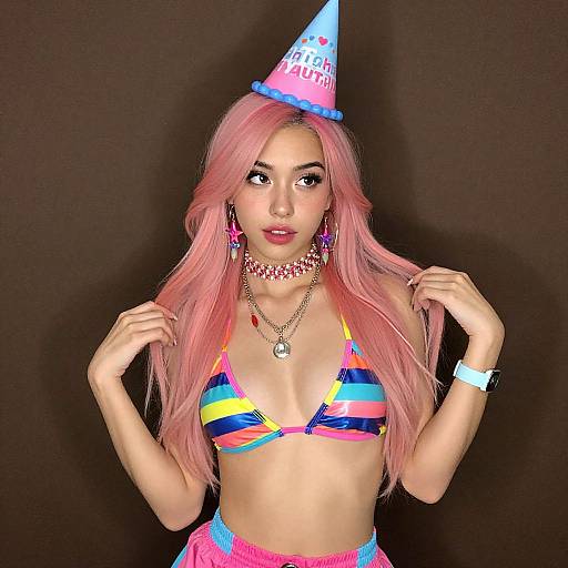 Digital art of a pink-haired woman wearing a colorful striped bikini, pink hat, choker, and jewelry, against a dark background.