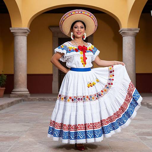 Photograph of a smiling Latina woman in a traditional Mexican dress with colorful embroidery, wide-brimmed hat, and earrings, standing in a yellow ar